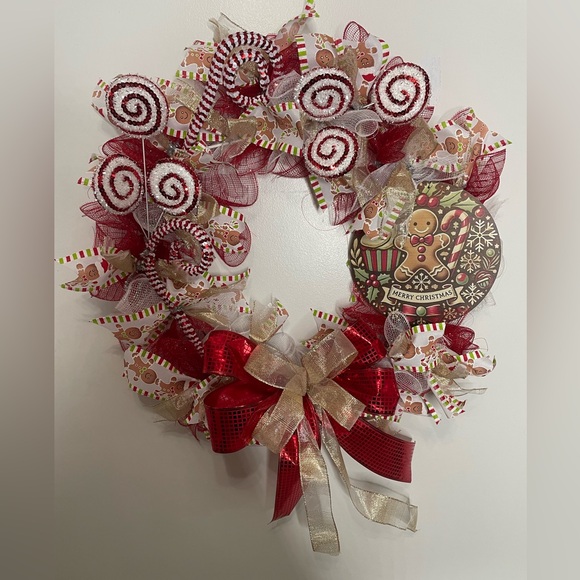 Festive Red and Gold Holiday Wreath Handmade - Picture 1 of 2